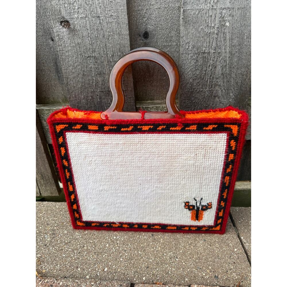 Vintage 1970s Needlepoint Butterfly Motif Handbag Lucite Handles - Picture 5 of 5
